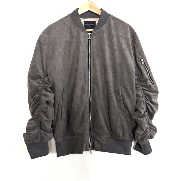 LIFTED ANCHORS Jacket Men's M Gray Suede‎ Bird Bomber Zip Ruched Stretch Sleeves - Picture 1 of 15